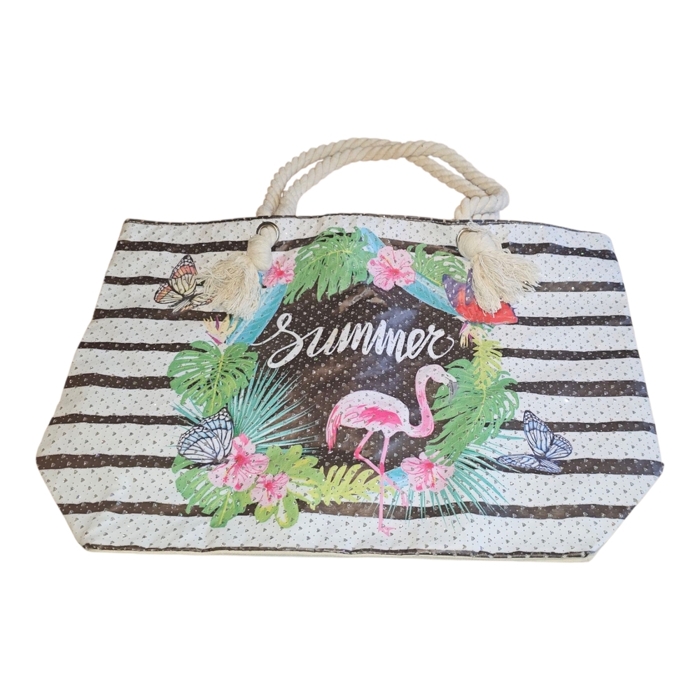 Tropical Flamingo Striped Tote Bag